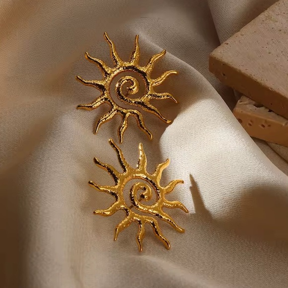 Abstract Sunburst 18K Gold Stainless Steel Earrings - Picture 5 of 14